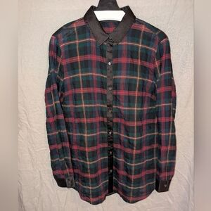 J McLaughlin Womens Large Plaid Soft Button Up Shirt Cotton Satin Trim Holiday